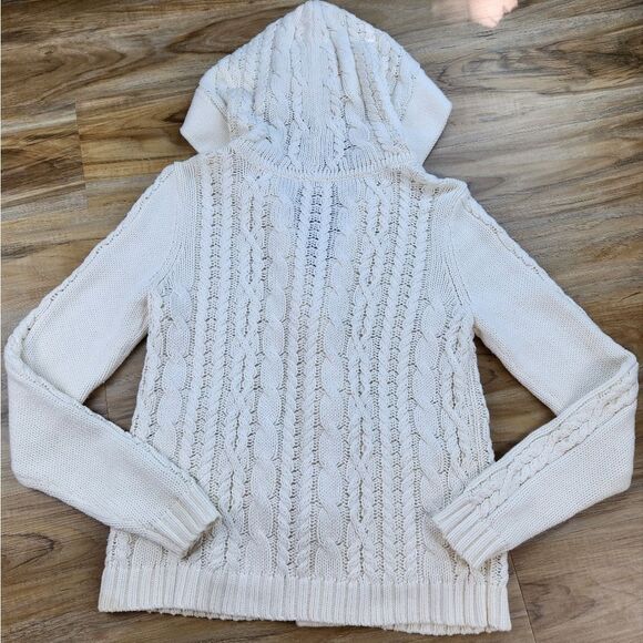 💜Caslon Ivory Cable Knit Button Hooded Long Sleeve Cardigan Medium - Picture 3 of 13